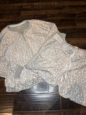 Nautica Women XXL Gray Star Fleece Pajama Set Henley Top Joggers Pockets 2-Pc